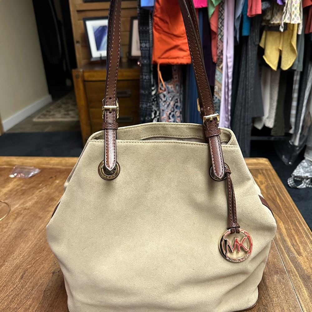 Michael Kors Tan and Brown Shoulder Bag with Gold Hardware
